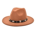 Classic wide brim wool felt fedora hat in camel brown with studded leather band decoration - M (56-58cm) / Khaki