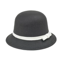 Elegant dark grey felt cloche hat with a contrasting white ribbon and stylish side bow - Black and White