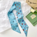 Light blue floral geometric silk twilly scarf for hair and bags with heart patterns - Heart Letter Aqua Blue