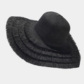 Close-up of black wide brim straw hat featuring layered raw fringe edges and woven texture - One Size / Black