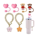 Pink heart and bear silicone straw covers with flower charm chains for tumbler cups - Pink Orange Bear Heart Set