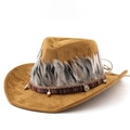 Classic brown faux suede western cowboy hat with feathers and beaded headband - M (56-58cm) / Khaki