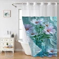 Dettaglio della tenda da doccia floreale con margherite bianche su fondo d'acqua blu - 181x188cm Tenda da Doccia Singola / Margherita Viola