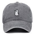 Detailed close-up of white ghost embroidery on washed dark grey cotton baseball cap - Adjustable / Gray
