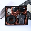 Men's gift set featuring a black leather belt, silver car-style watch, and aviator sunglasses - 5-Piece Set (Sunglasses + Auto Buckle + Belt + Perfume + Gift Box)