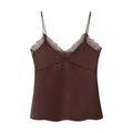 Women's dark brown satin camisole with sexy V-neck lace trim and glossy silk texture - XS / Coffee