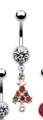 Christmas tree belly button ring with red and green rhinestones on silver metal stem - Christmas Tree (Style 8)