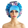 Sky blue satin hair bonnet with purple floral print and wide elastic comfort band - 10869 Sky Blue Floral
