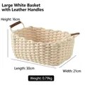 Cesta de almacenamiento de algodón blanco con asas de cuero marrón y medidas - Grande / Blanco