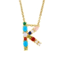 Letter K pendant necklace in gold finish with multi-colored zircon gemstone inlay - Letter K