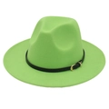 Vibrant green fedora felt hat with a black leather band and gold buckle on a white background - M (56-58cm) / Fruit Green (Black Leather Band)