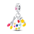 Detailed view of silver artist charm with colorful enamel palette and paintbrush tools - W-PAC728 Painter Tools