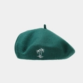 Deep green wool beret for women featuring white coconut tree embroidery decoration - Green