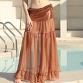 Brown sheer mesh beach sarong with metallic waist detail and ruffled hem style - S / Brown Mesh Skirt