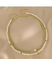 Double-layer necklace with white freshwater pearls and green stones on champagne satin - Double Layer Necklace (Pearl And Peridot)