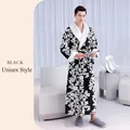 Unisex long thick jacquard fleece bathrobe in blue black floral pattern for winter - M / Male Style / Blue Black