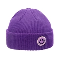 Close-up of a purple knitted beanie featuring a smiley patch and textured cable knit design - M(56-58cm) / Purple