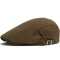 Men's dark brown herringbone flat cap with adjustable silver metal side buckles - Brown