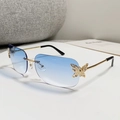 Rimless butterfly sunglasses with blue gradient lenses and golden metal temples - Double Blue