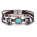 Bruine meerlaagse leren armband met turquoise steen en holle metalen driehoekdetails - Turkoois Meerlagige Stijl (HS1828-3)