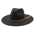 Detail of black wool fedora with brown braided leather band and side tassel decoration - M (56-58cm) / Black