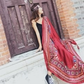 Red bohemian cotton linen shawl with ethnic geometric print and matching headband - Red Ethnic Totem Style (37202)