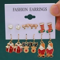 6-pair Christmas earring set with Santa, reindeer, and festive bow designs - 19 Gift Box Reindeer Santa (6 Pairs Set)