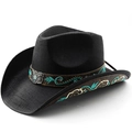 Schwarzer gewebter Cowboyhut mit Ethno-Stickerei und Schmetterling-Metallschnalle - M (56-58cm) / Schwarz