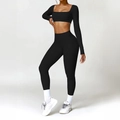 Y2K style black two-piece yoga set featuring a long sleeve crop top and high waist leggings - S / Black