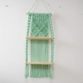 Handmade mint green macrame wall hanging shelf with two-tier natural wood shelves - Double Layer / Mint Green