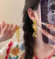 Yellow beaded flower fringe earrings with long floral tassel for vacation style - 18# 925 Sterling Silver Earring Post - Yellow