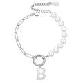 Faux pearl and link chain bracelet with letter B pendant and 18KGP tag for women - Silver-Letter B
