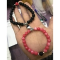 Couples beaded bracelets with heart magnetic clasp in matte black and translucent pink stones - Black & White Heart B&W Style (黑白爱心黑白)
