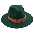 Macro detail of dark green felt fedora hat with brown leather band and silver studs - M (56-58cm) / Dark Green