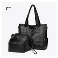 Conjunto de 3 bolsos de cuero negro con bolso tote, bandolera y cartera de mano elegante - Tote Grande + Bandolera Mediana + Estuche Pequeño / Negro