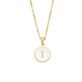 18k gold plated stainless steel necklace with round white shell pendant featuring letter I - Letter I