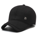 Men's winter baseball cap in black textured fabric with silver metal letter B side detail - Adjustable / Black