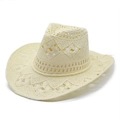 Hollow out woven cowboy hat in cream beige handmade straw with a wide brim style - M (56-58cm) / Cream