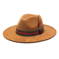 Classic wide brim caramel fedora hat with striped band and feather detail decoration - M(56-58cm) / Khaki