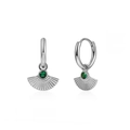 Macro view of silver hoop earrings with fan-shaped pendants and green gemstones - 24K / Silver Green Rhinestone Style (JQH0010-SS-3)