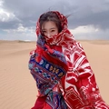 Ethnic style red sun protection shawl with intricate geometric patterns in desert scene - Red Triangle Pattern