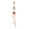 Detail of rose gold belly ring featuring planet pendant and star charms with clear zircon - 2747 Rose Gold Planet Tassel