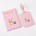 Pink PU leather passport holder and luggage tag set with gold letter K engraving - Pink (Letter K)