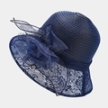 Elegante cappello estivo blu navy in organza con fiori e tesa in pizzo per mare - Blu navy