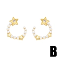 Elegant gold star and pearl curved drop earrings with shimmering zircon center stone - Star Moon C-shaped Pearl Studs / Gold