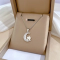 Dettaglio della collana con ciondolo luna e stella in argento in una scatola regalo beige - Acciaio al Titanio (M506 Argento) / Argento