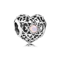 Charm cœur en argent avec pierre de naissance rose et design filigrane ajouré - Octobre / Rose