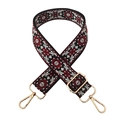 Detail of 3.8cm wide jacquard strap with ethnic floral embroidery and gold metal hardware - No.4 Black with Wine Red / Gold Buckle