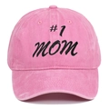 Detail of pink washed cotton baseball cap with #1 MOM black embroidery and vintage texture - Adjustable / Pink