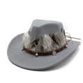 Detail of gray wool felt cowboy hat with feather trim and ethnic woven band with coins - M(56-58cm) / Light Gray